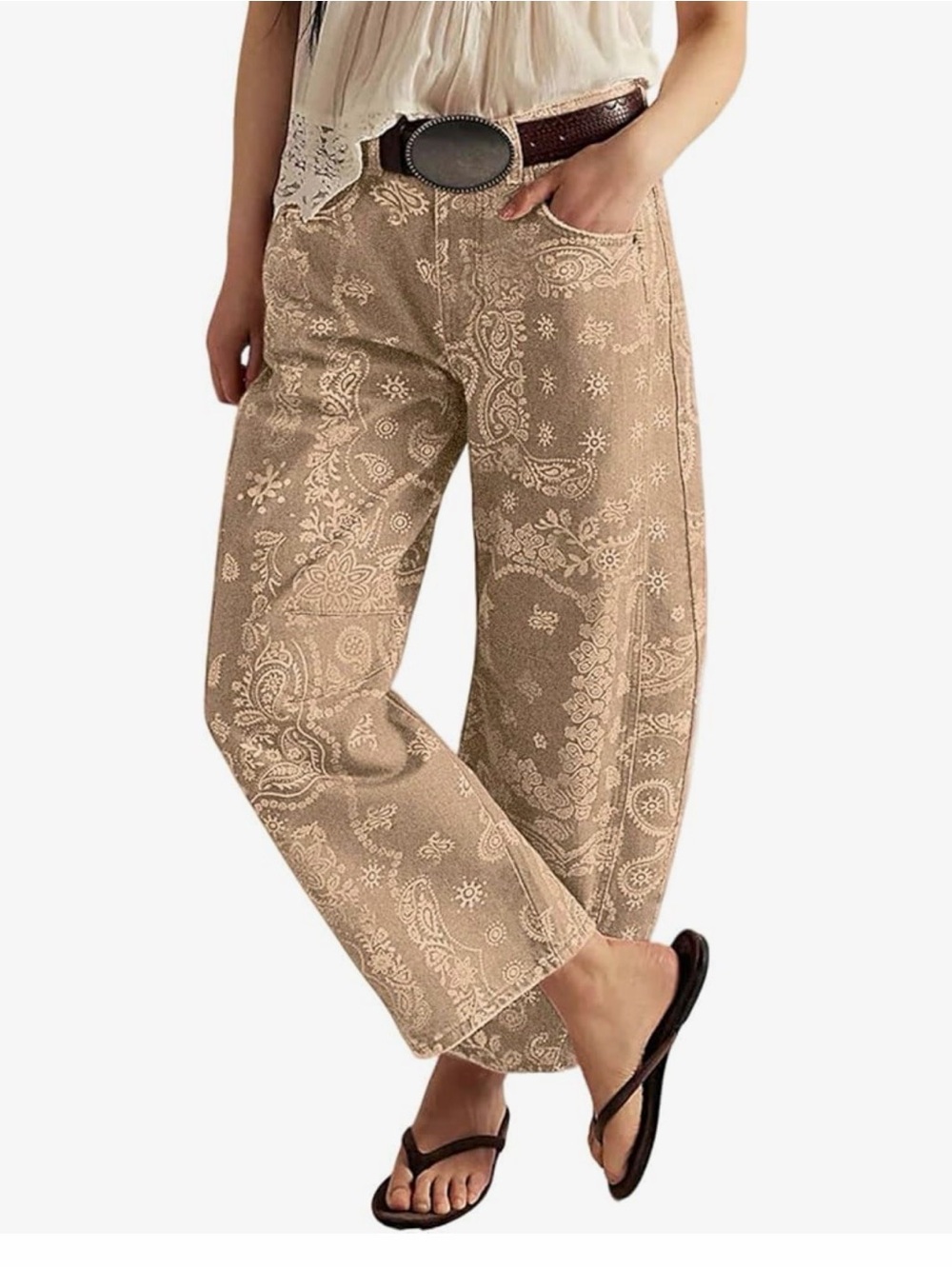 Beige Bandana Paisley Stretch Barrel Jeans small